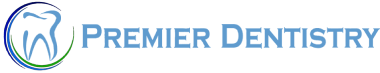 The image shows a logo with text that reads PREMIER DENTISTRY on a background with a combination of colors including shades of blue, green, and white.